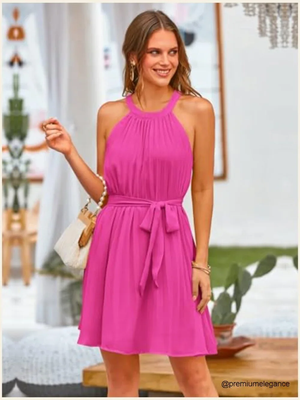 Halter Neck Mini Dress Flowy Pleated Sundress Casual Beach Wedding Guest - Picture 3 of 7